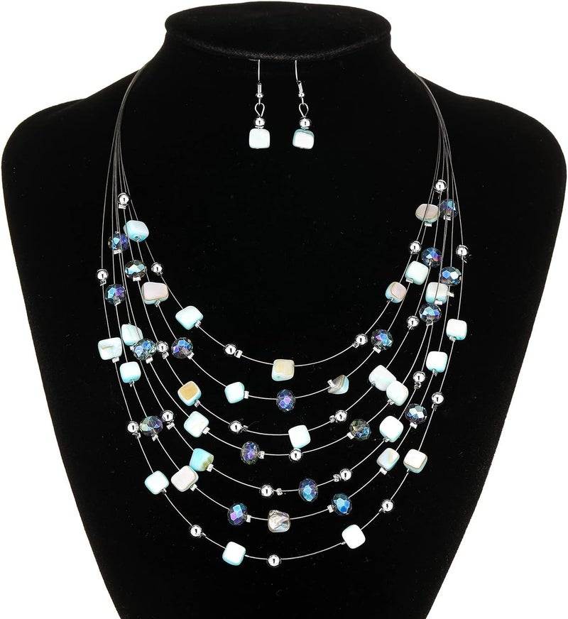 Errally Store Multi-Layer Boho Shell Beaded Necklace for Women Colorful Crystal Strand with Silver Beads Statement Collars Necklace and Earrings Costumes Jewelry Sets for Women - Image 4